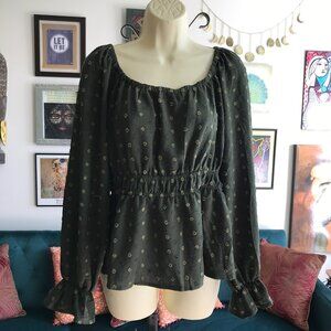 ePretty size L Green Swiss Dot Textured Cinched Waist Blouse Top NWT